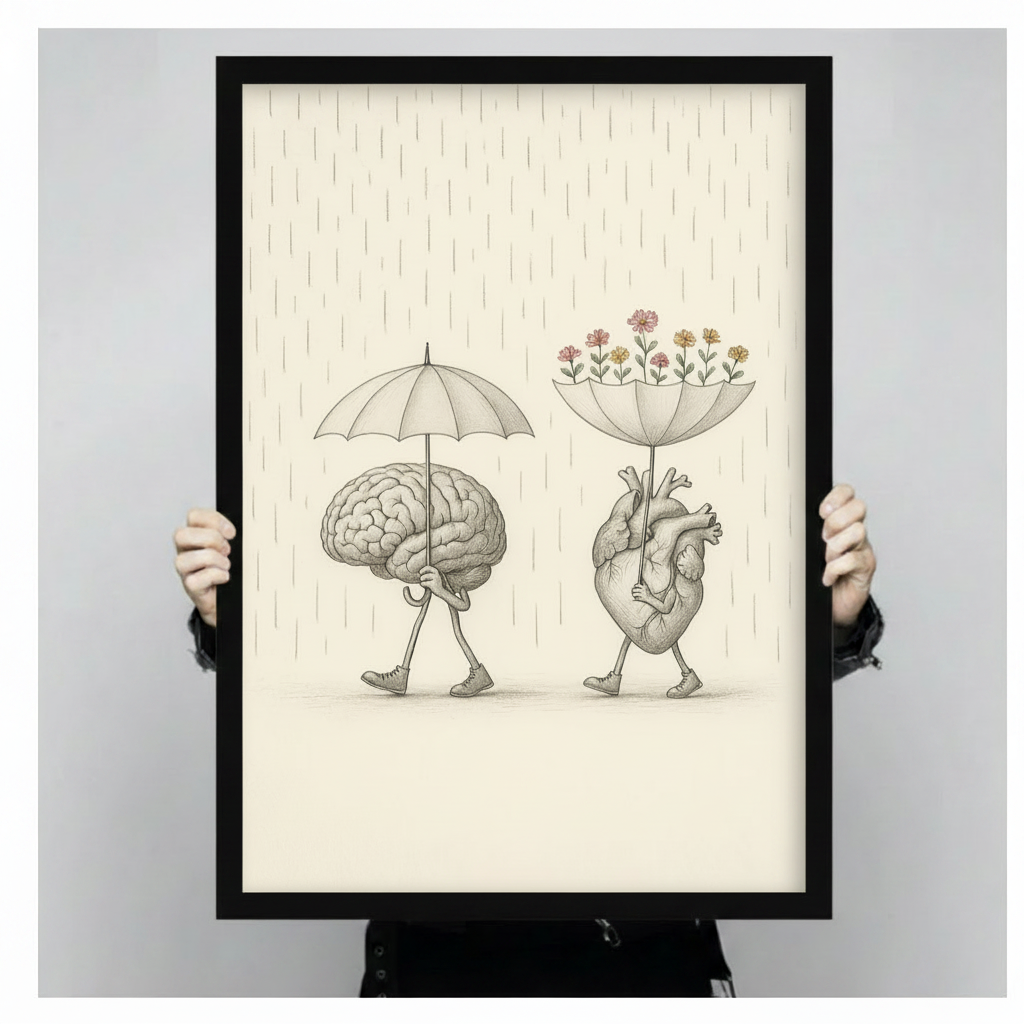 Brain Heart Rain Flowers Whimsical Canvas Wall Art