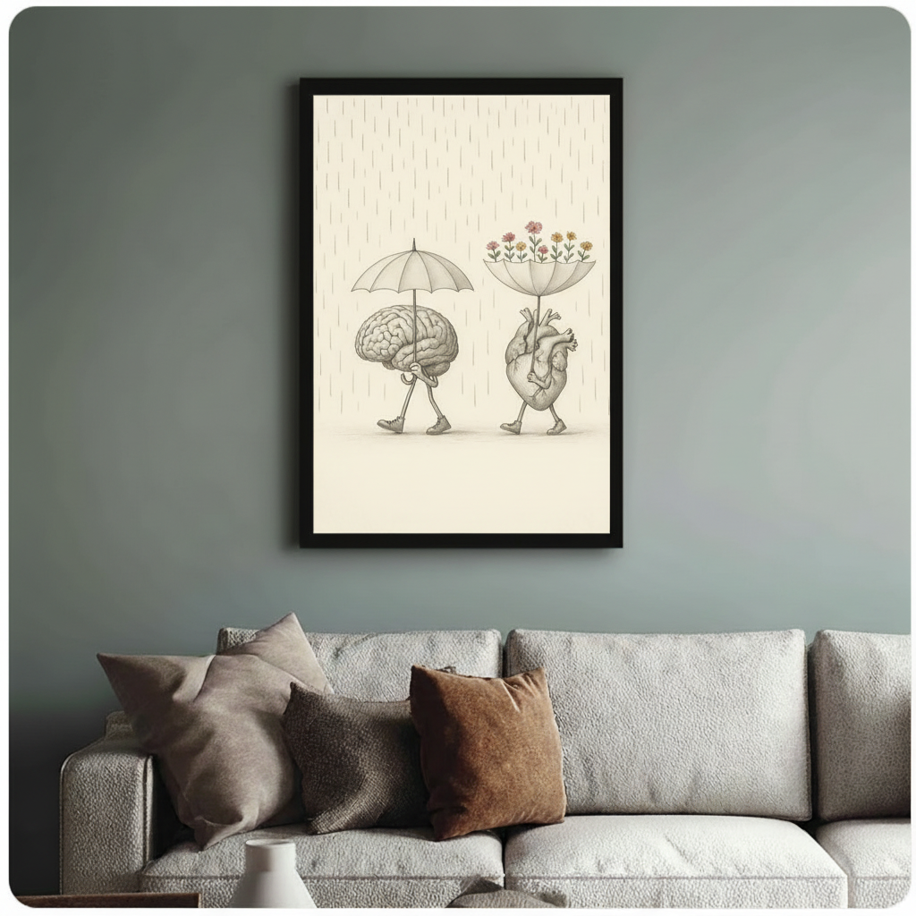 Brain Heart Rain Flowers Whimsical Canvas Wall Art