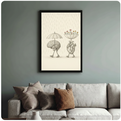 Brain Heart Rain Flowers Whimsical Canvas Wall Art