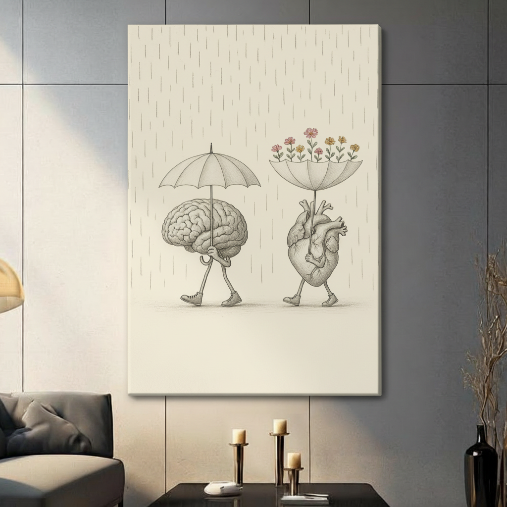 Brain Heart Rain Flowers Whimsical Canvas Wall Art