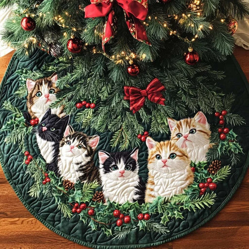 Bright Cat Joy Christmas Quilted Tree Skirt