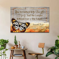 she is clothed with strength and dignity wall art canvas butterfly proverbs 31 25 bible verse art (Landscape)