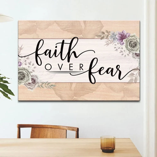 christian wall art faith over fear floral wall art canvas print (Landscape)