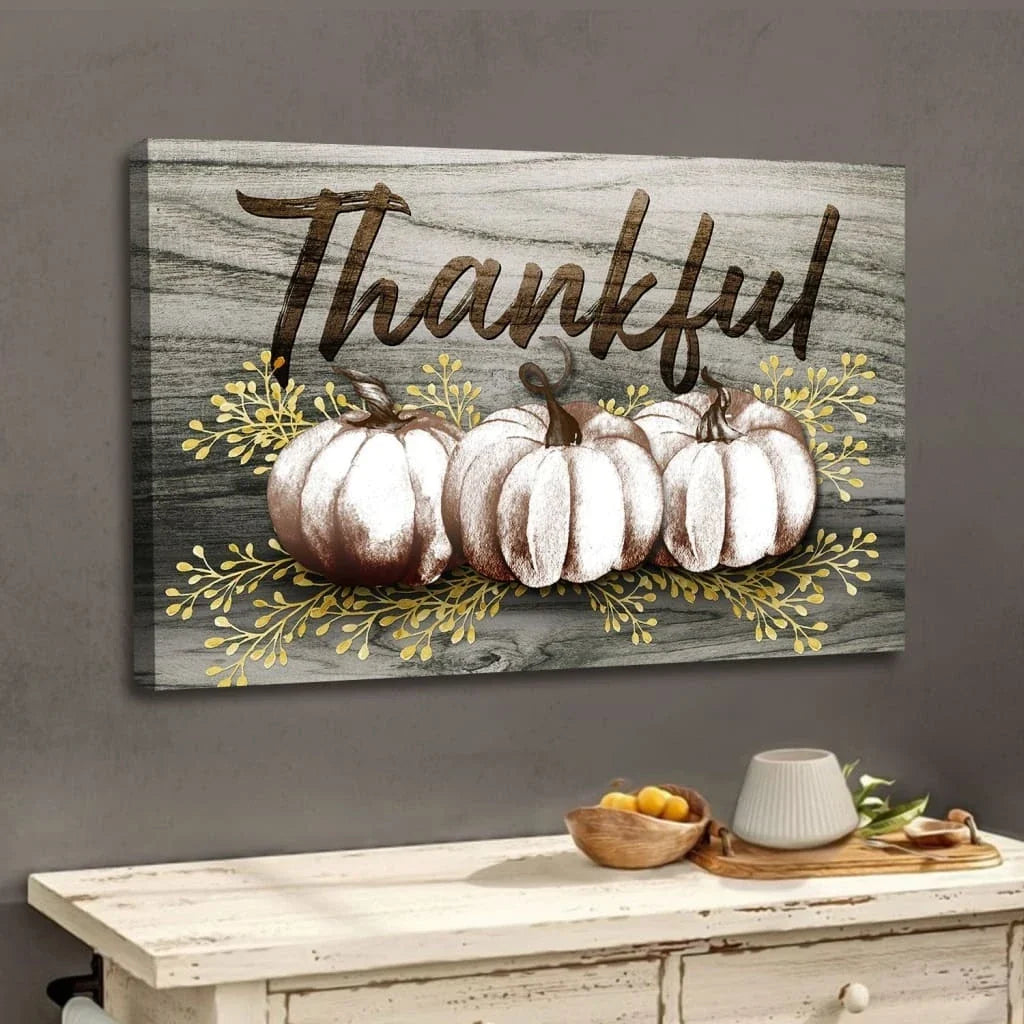 thankful fall pumpkins thanksgiving wall art canvas (Landscape)