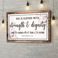 proverbs 31 25 wall art she is clothed with strength dignity wall art canvas (Landscape)