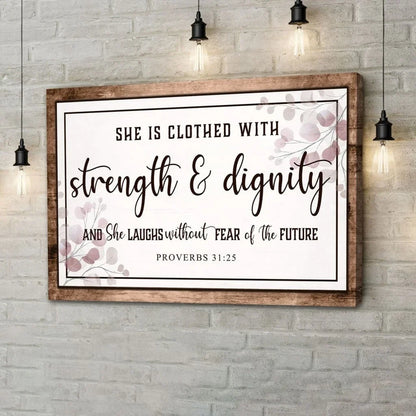 proverbs 31 25 wall art she is clothed with strength dignity wall art canvas (Landscape)