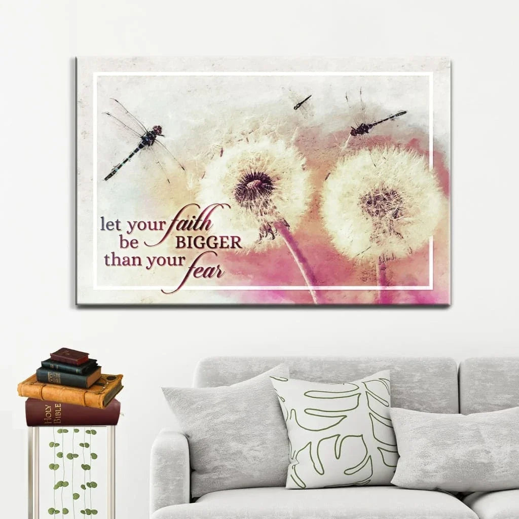 let your faith be bigger than your fear dragonfly dandelion wall art canvas (Landscape) (view 2)