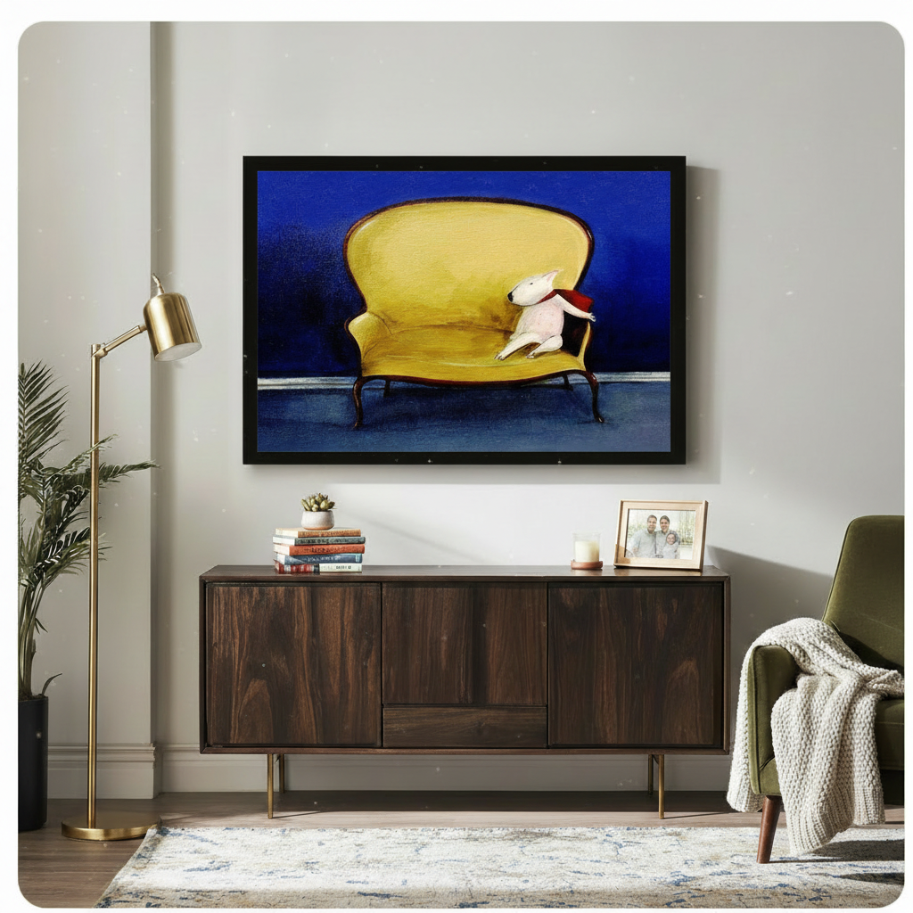 Bull Terrier on Gold Sofa Bold Oil Painting Canvas