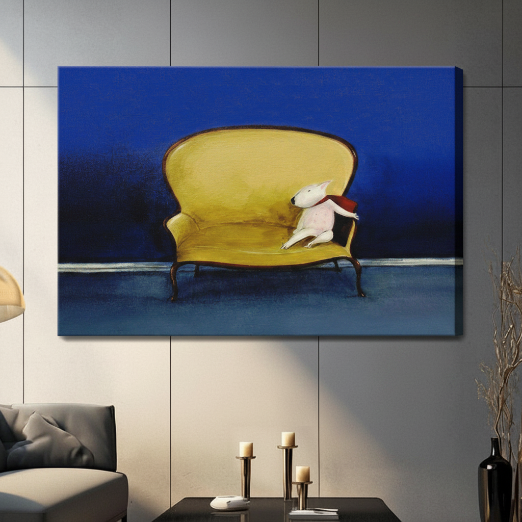 Bull Terrier on Gold Sofa Bold Oil Painting Canvas