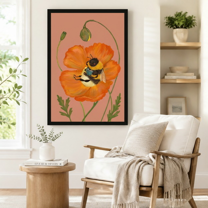 Bumblebee Orange Poppy Botanical Canvas Wall Art