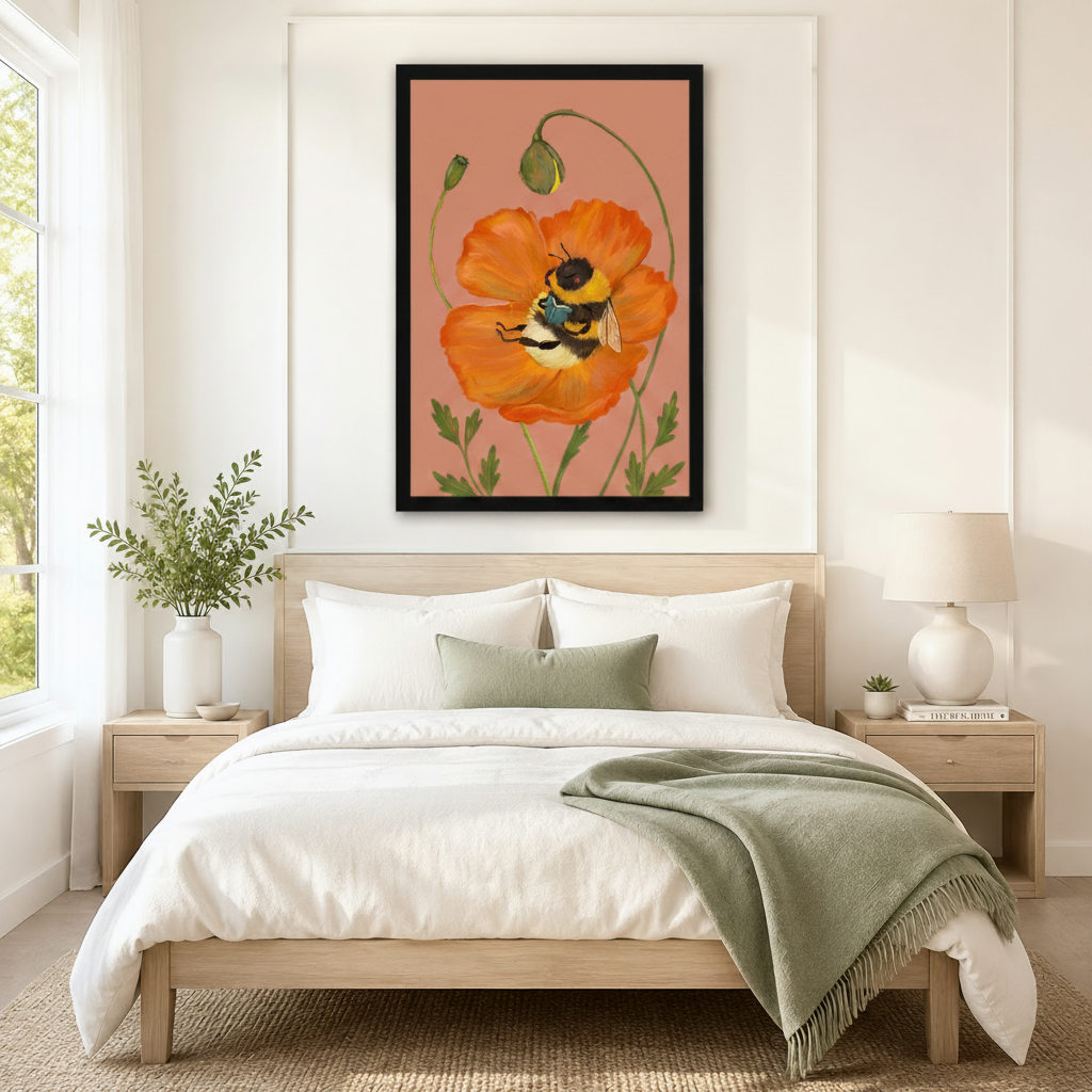 Bumblebee Orange Poppy Botanical Canvas Wall Art
