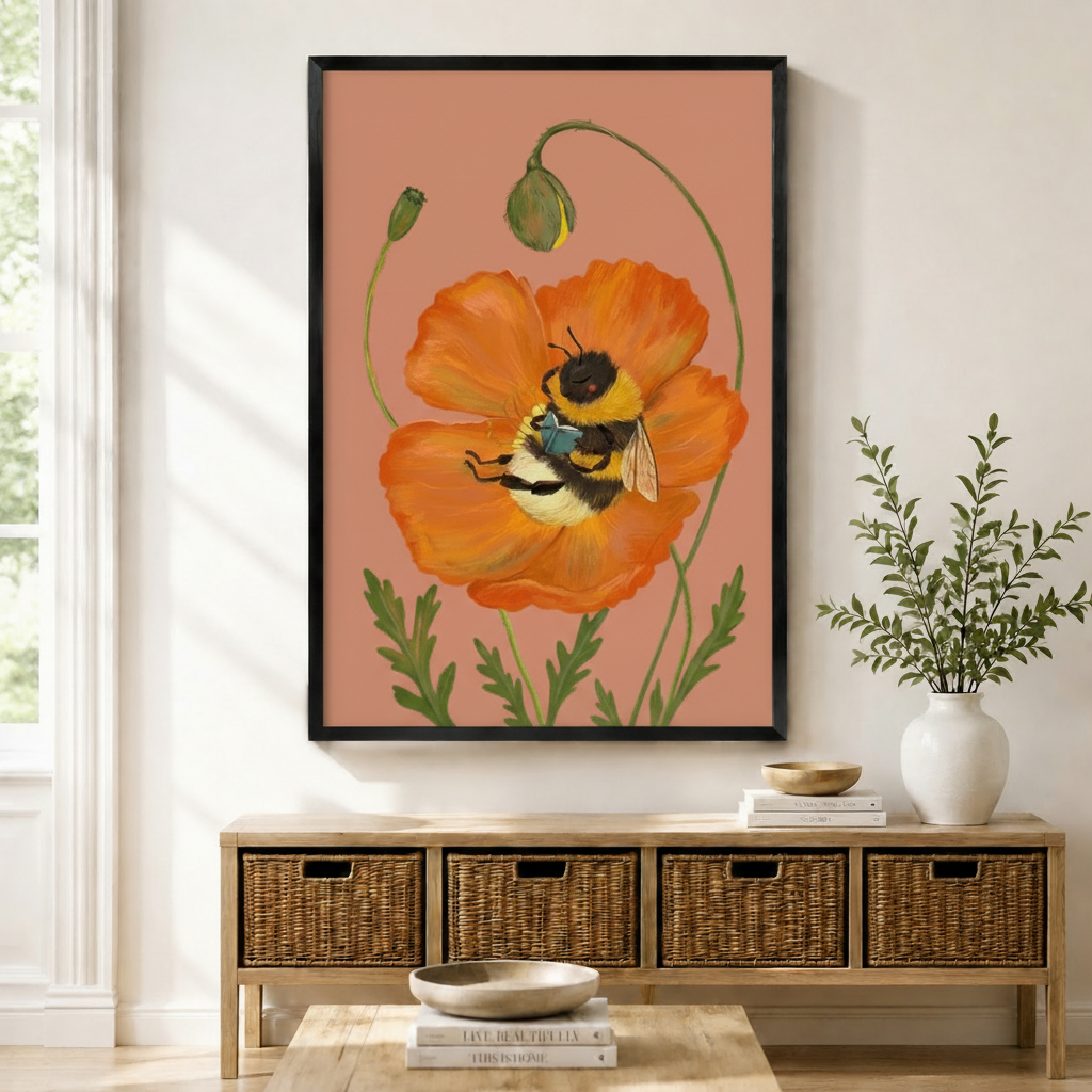 Bumblebee Orange Poppy Botanical Canvas Wall Art