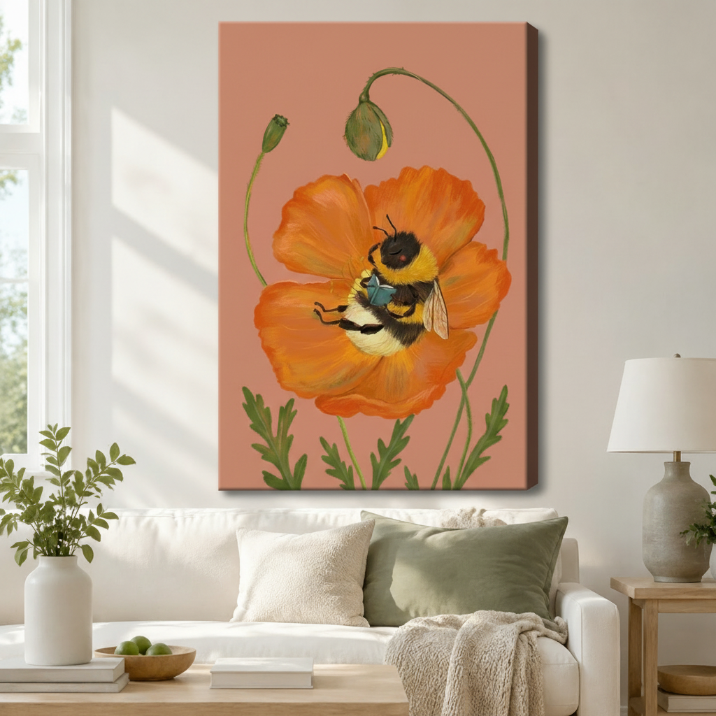 Bumblebee Orange Poppy Botanical Canvas Wall Art