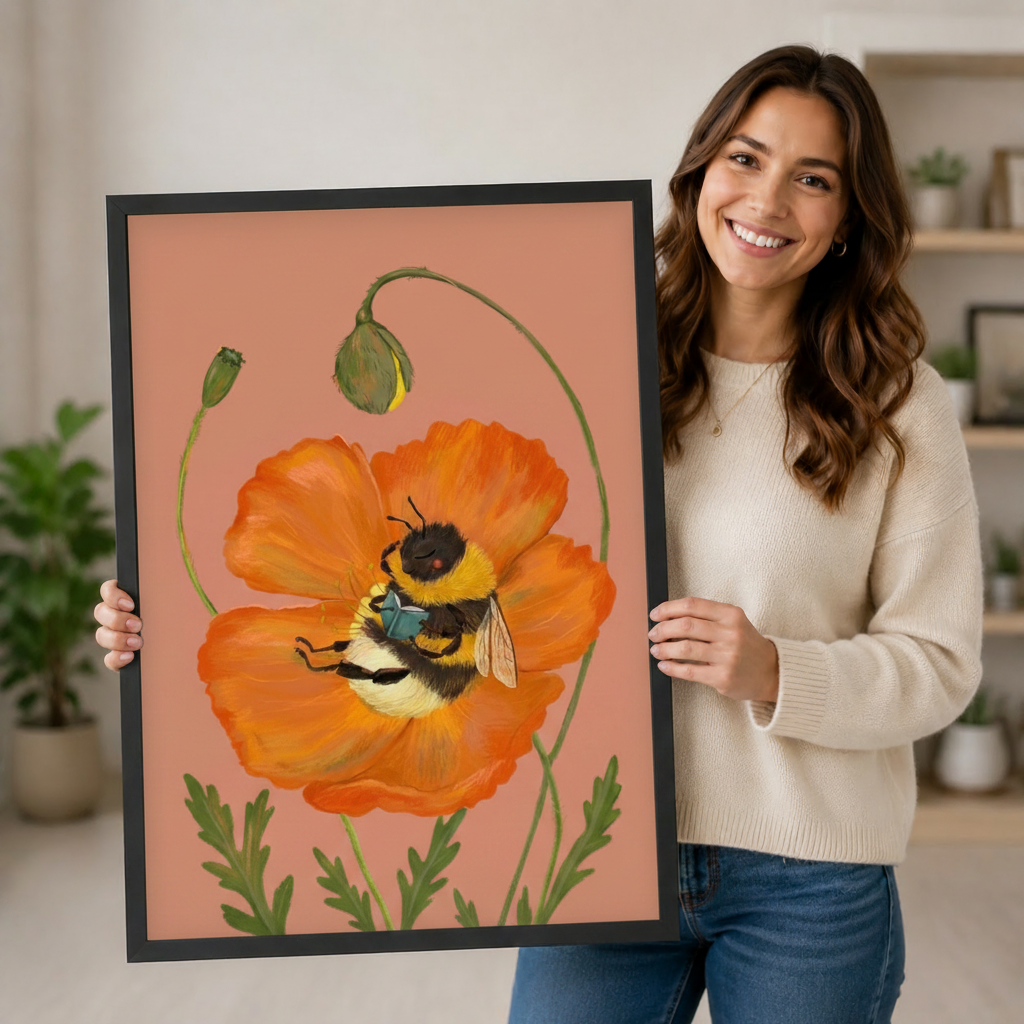 Bumblebee Orange Poppy Botanical Canvas Wall Art