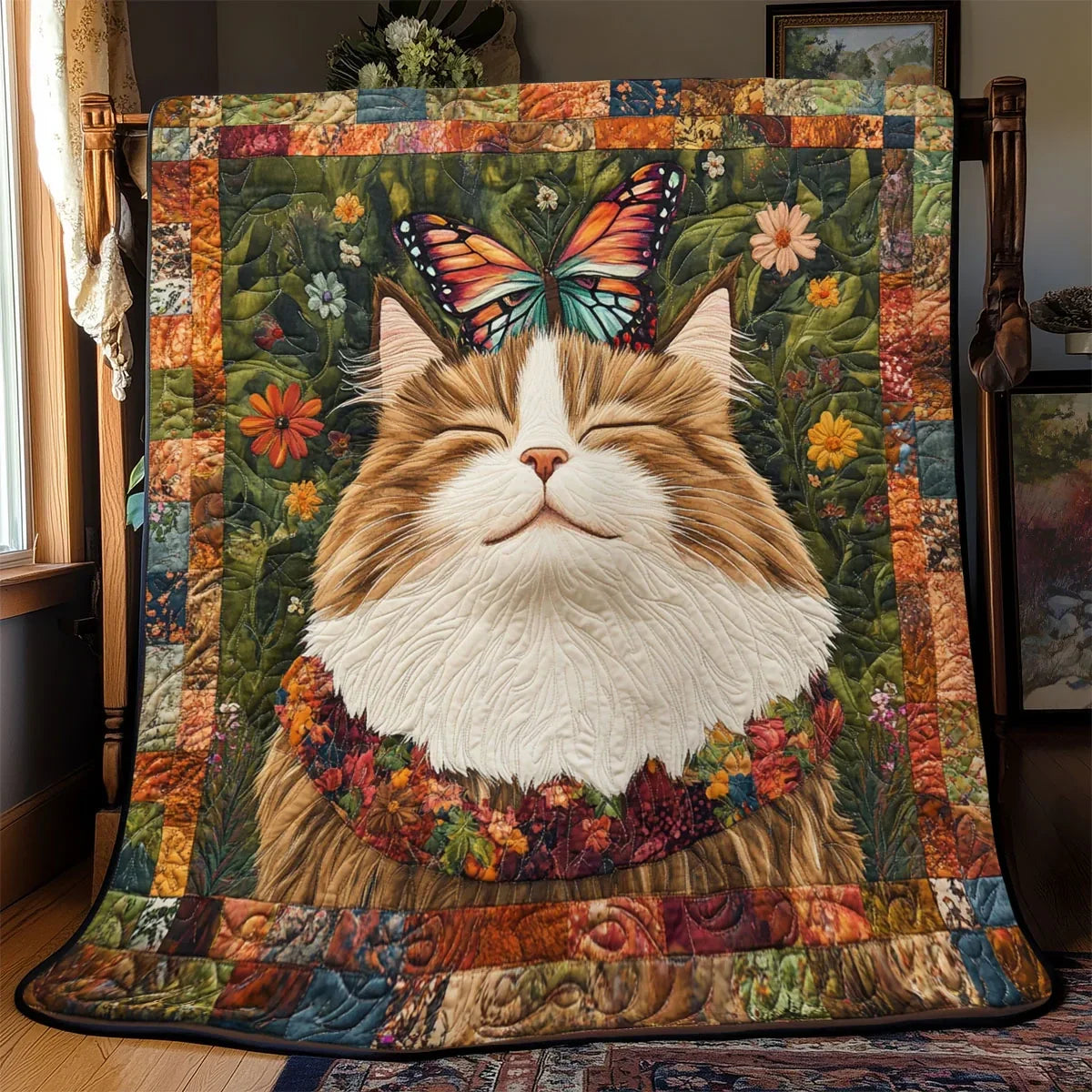 Butterfly Dreaming Cat Quilt Blanket