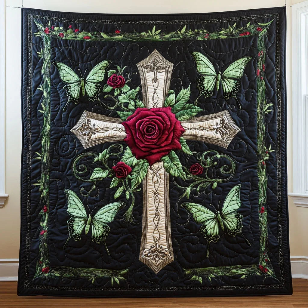 Butterfly Rose Cross Quilt Blanket