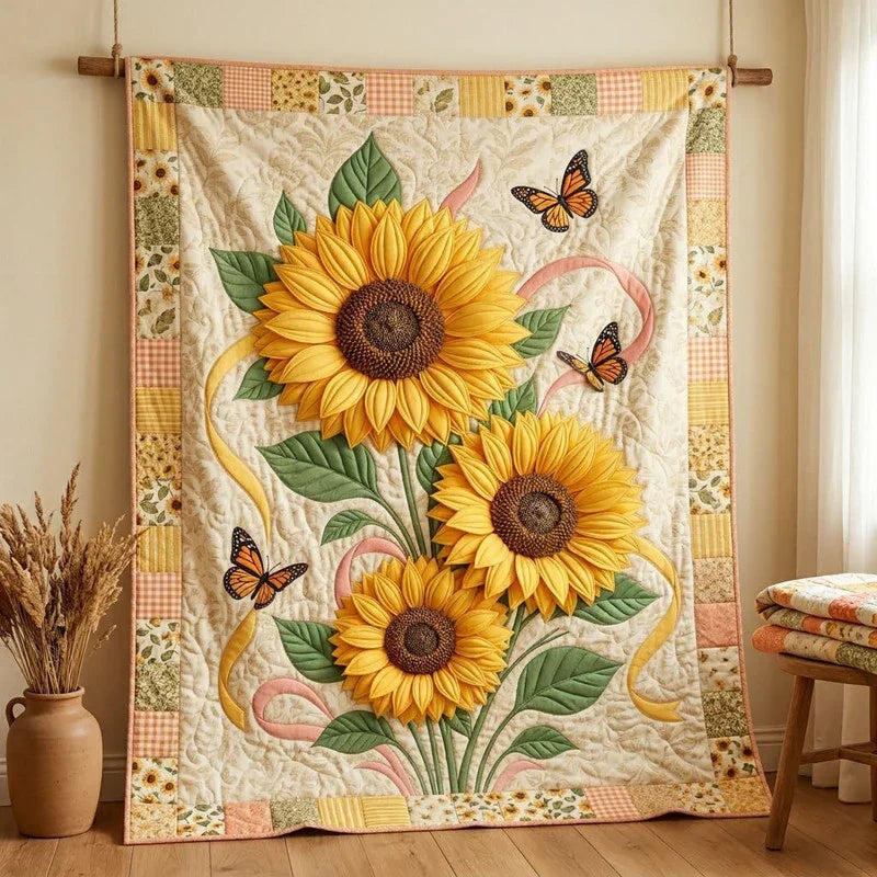 Butterfly Sunflower Quilt Blanket - Quilted Blanket by Wild and Way