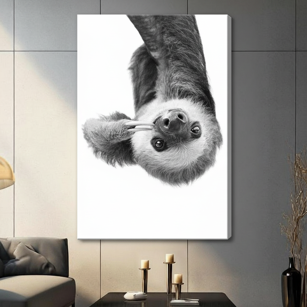 Upside-Down Sloth Black & White Canvas Wall Art