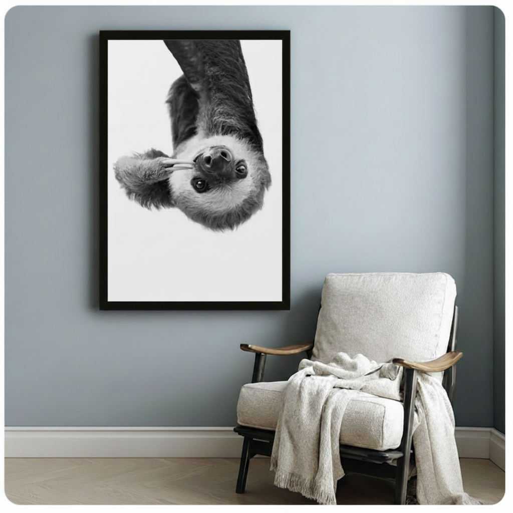 Upside-Down Sloth Black & White Canvas Wall Art
