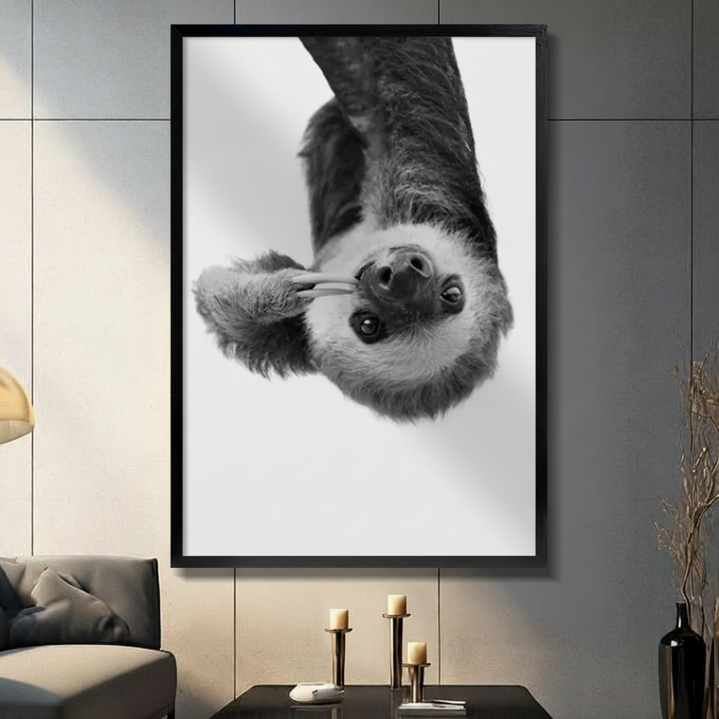 Upside-Down Sloth Black & White Canvas Wall Art