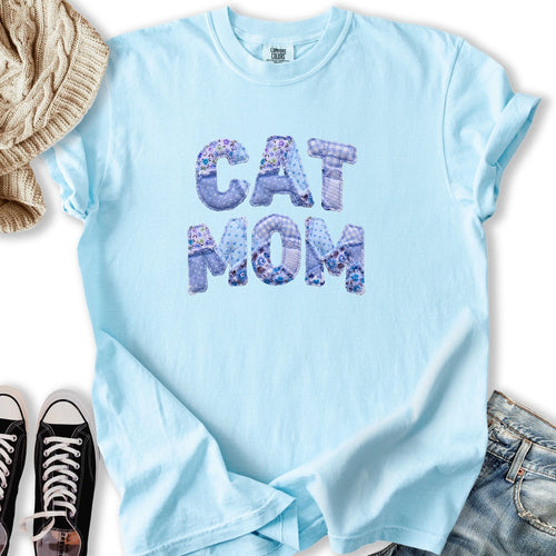 Blue Faux Patchwork Cat Relaxed Tee