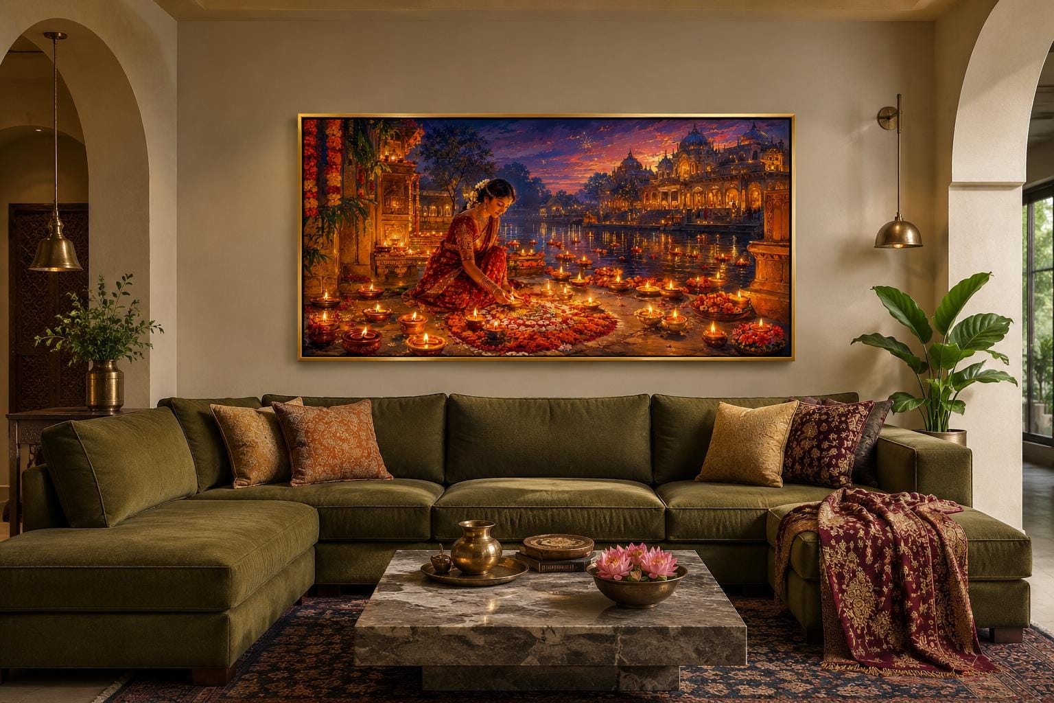 Diwali Canvas Wall Art - Woman Lighting Diyas Indian Festival Painting | Living Room Decor