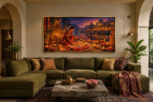 Diwali Canvas Wall Art - Woman Lighting Diyas Indian Festival Painting | Living Room Decor