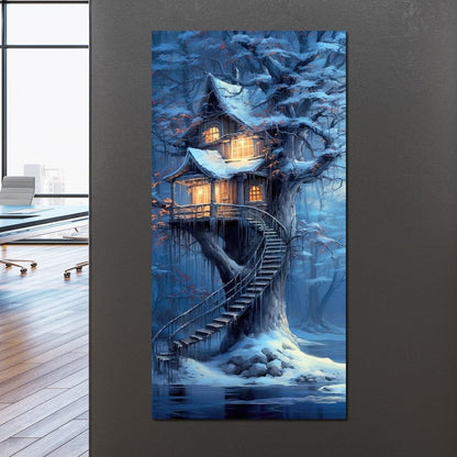 Winter Tree House Canvas Wall Art