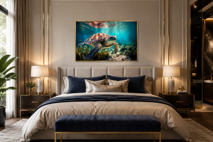 Sea Turtle In Coral Reef Underwater Canvas Wall Art