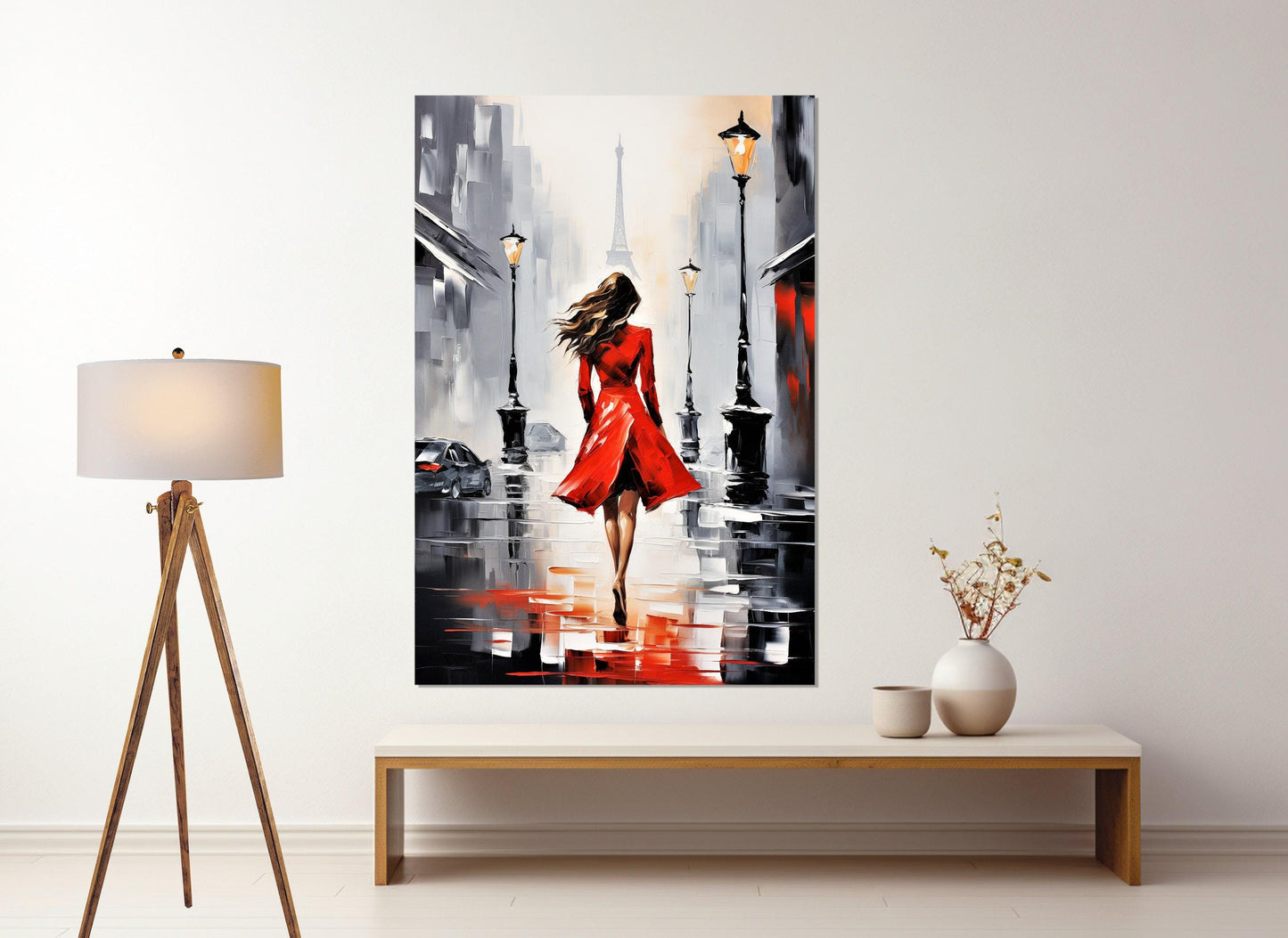 Paris Canvas Print – Abstract Lady in Red with Eiffel Tower | Ready to Hang