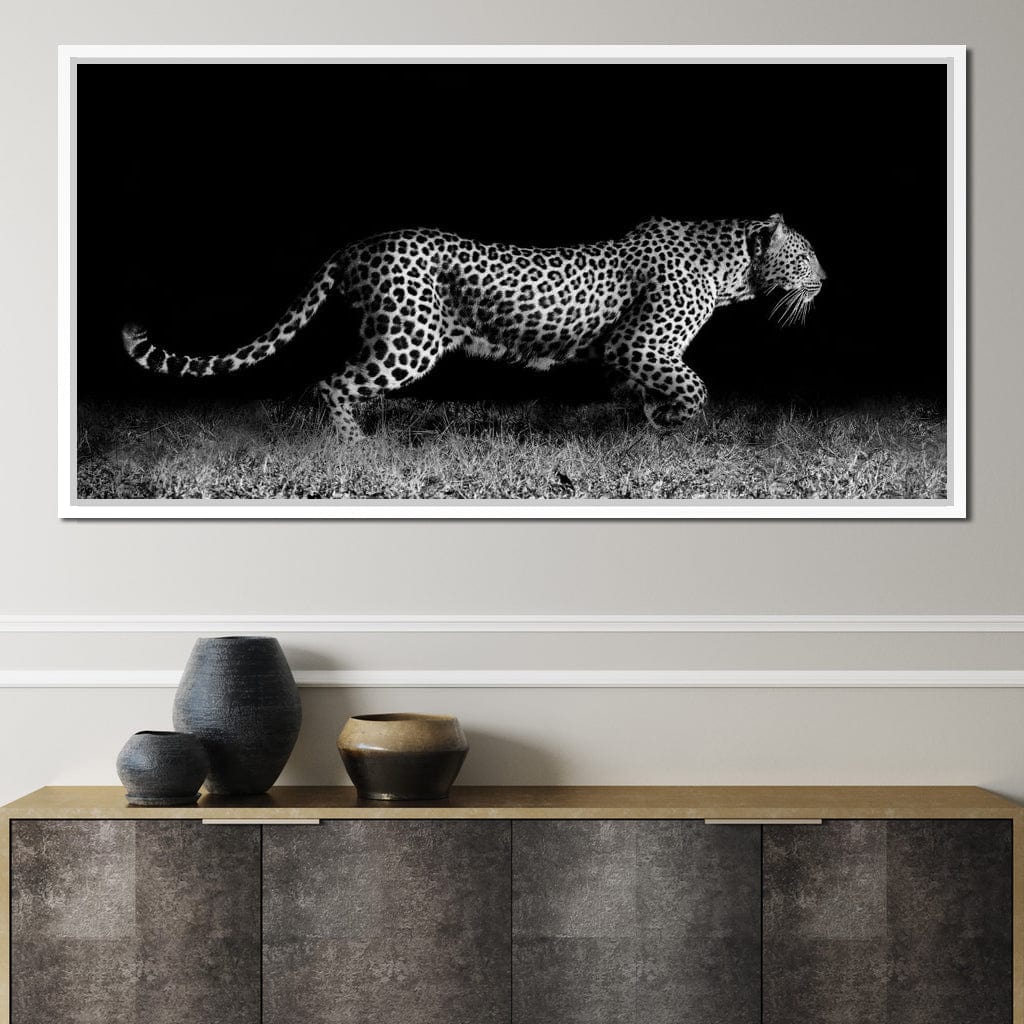 Black and White Jaguar Running Canvas Wall Art