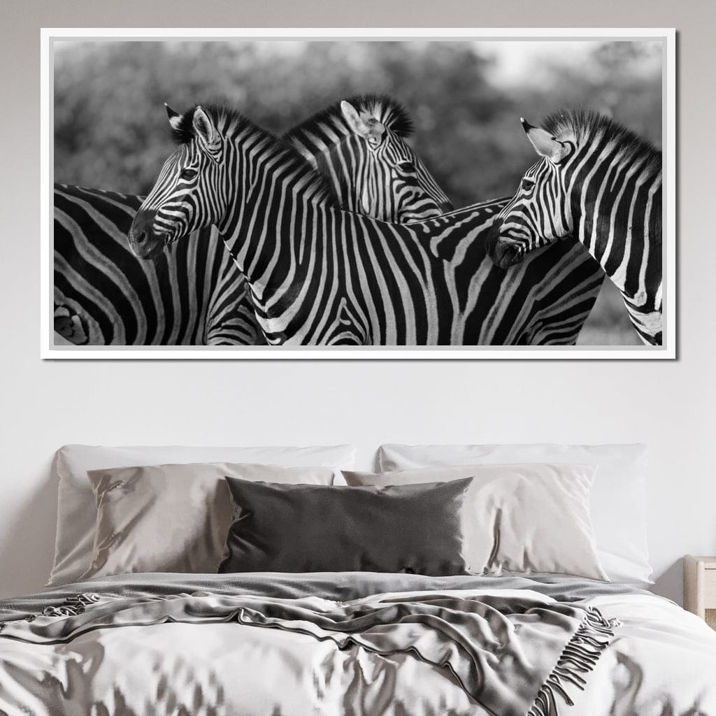 Zebra Herd in Black & White Canvas Wall Art