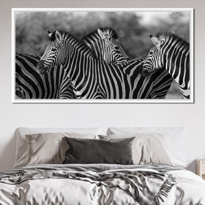 Zebra Herd in Black & White Canvas Wall Art