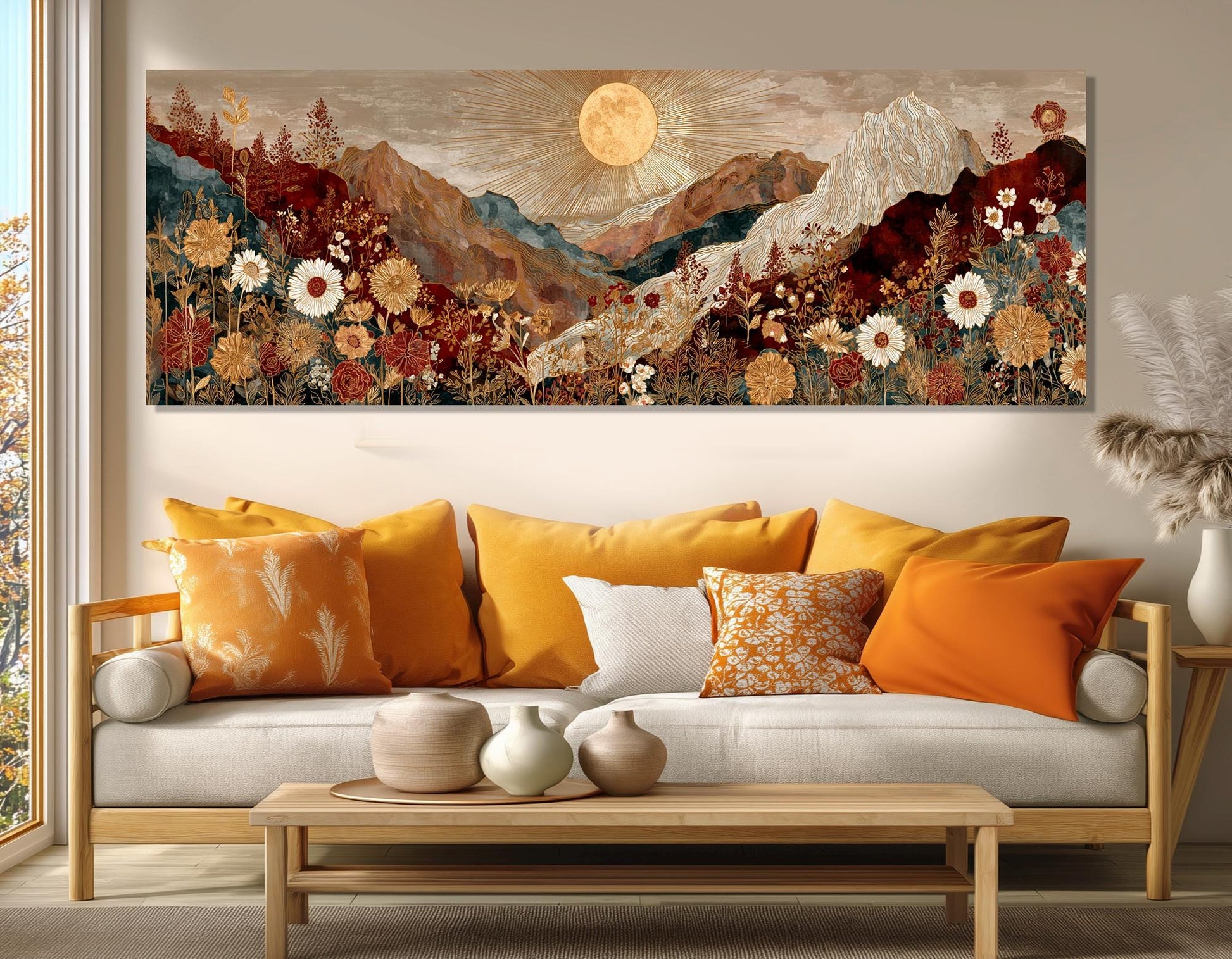 Boho Mountain Landscape – Wildflower Canvas Print | Framed Floating Frame Canvas