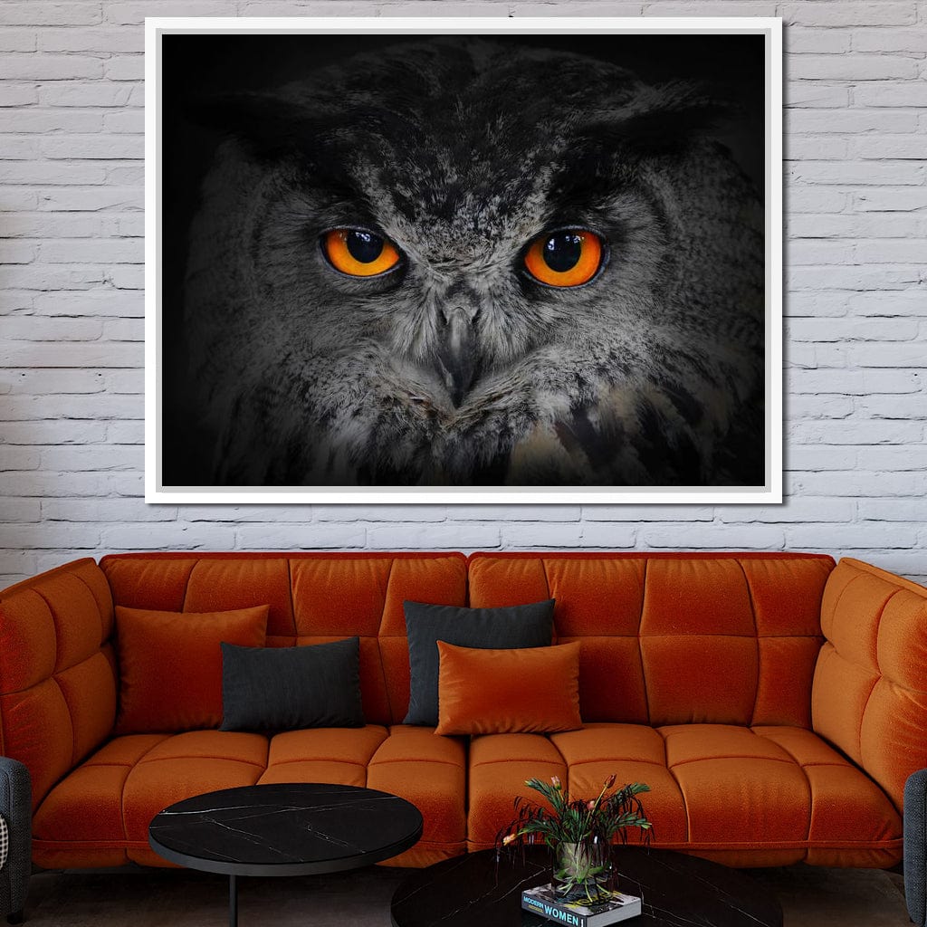 Black & White Owl with Orange Eyes Canvas Wall Art