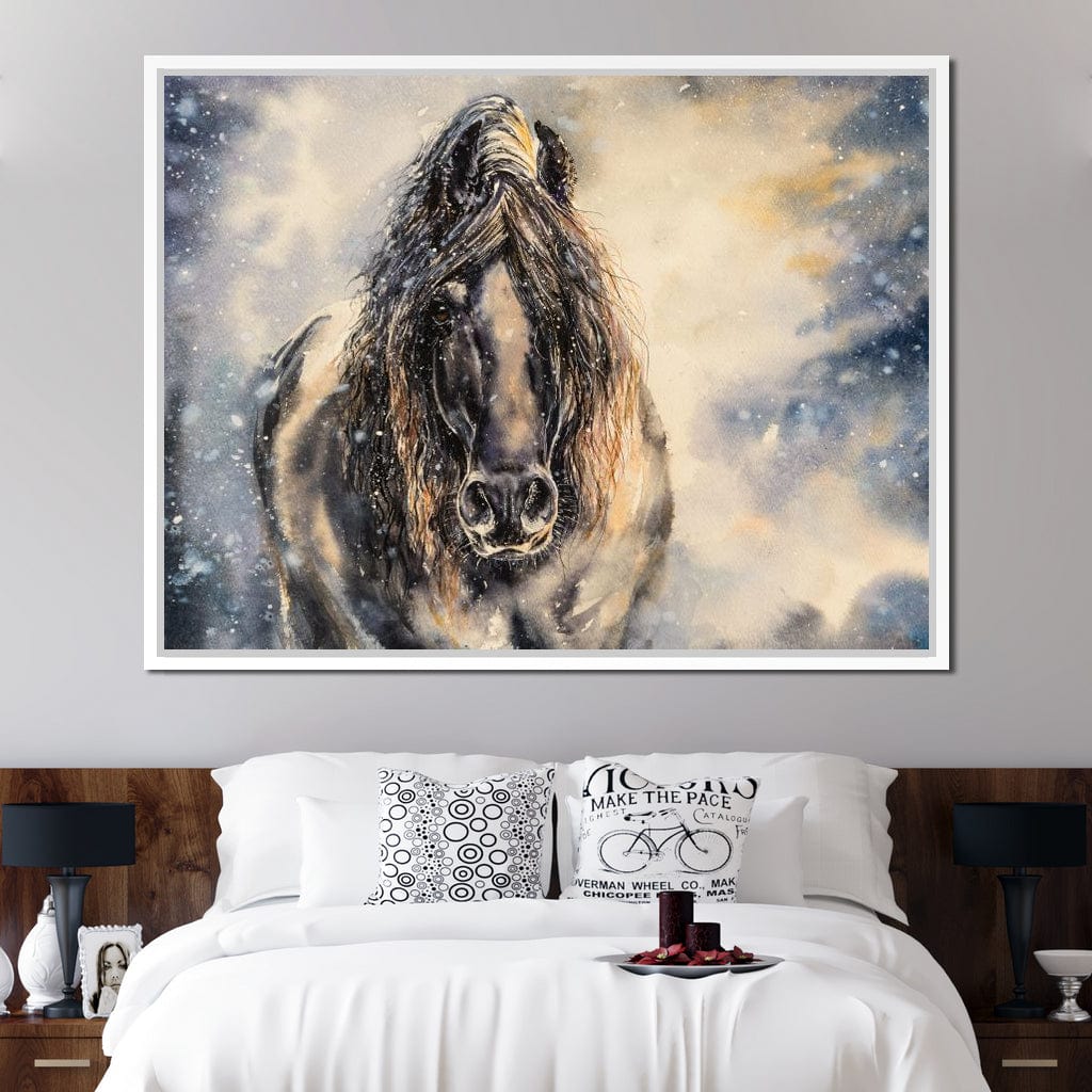 Black Horse in Winter Canvas Wall Art