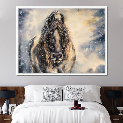 Black Horse in Winter Canvas Wall Art