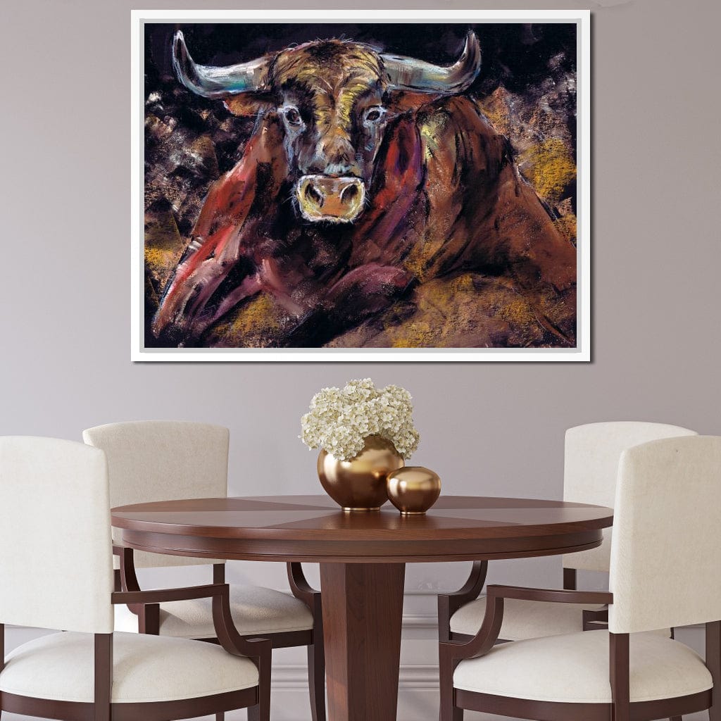 Brown Bull Charge Canvas Wall Art