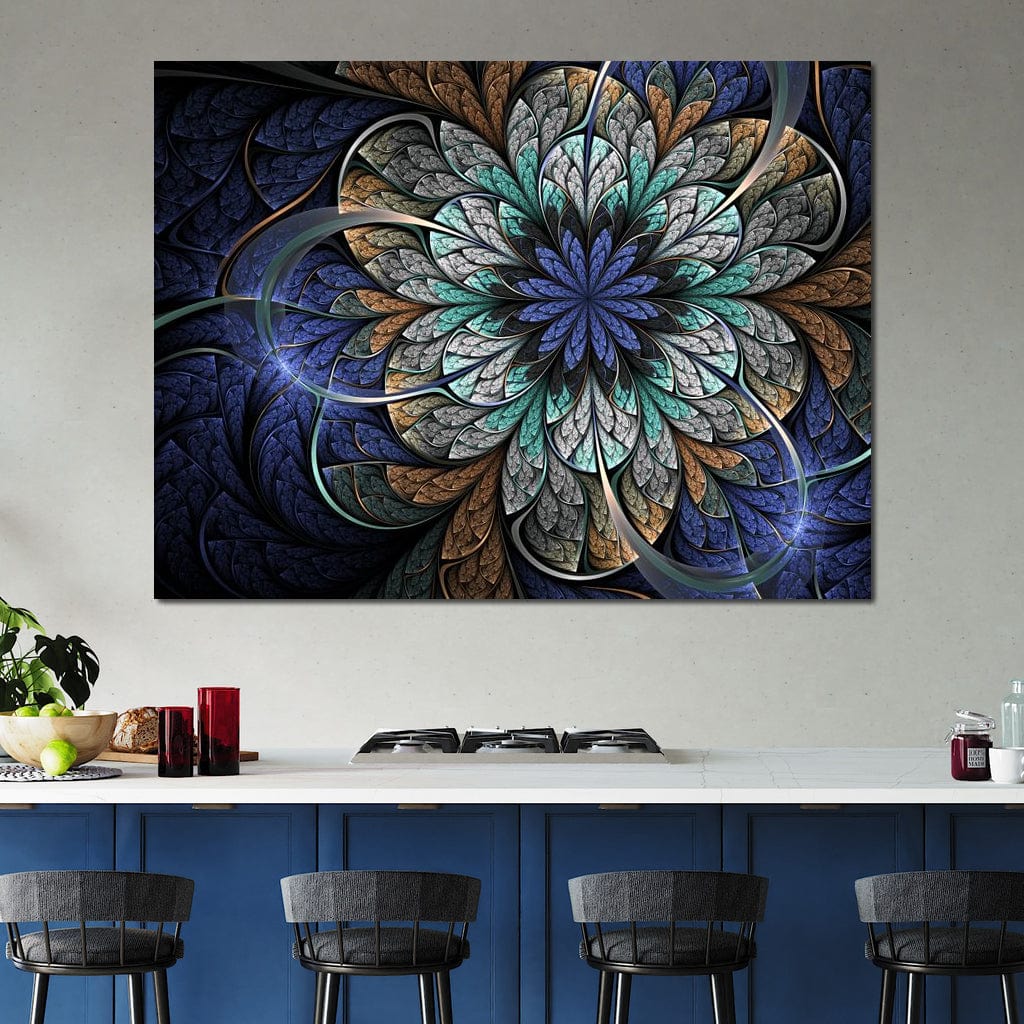Blue and Gold Fractal Flower Canvas Wall Art