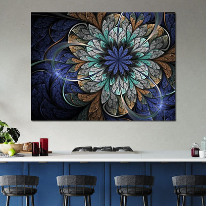 Blue and Gold Fractal Flower Canvas Wall Art