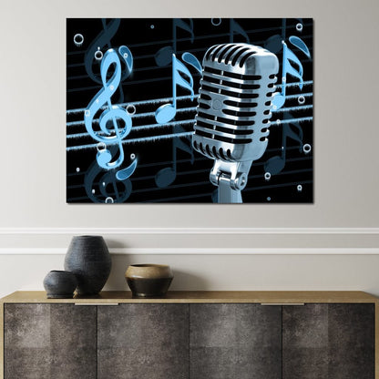 Vintage Microphone & Blue Notes Canvas Wall Art