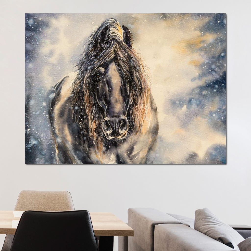 Black Horse in Winter Canvas Wall Art