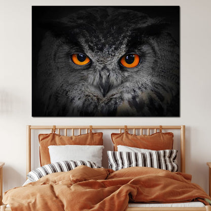 Black & White Owl with Orange Eyes Canvas Wall Art