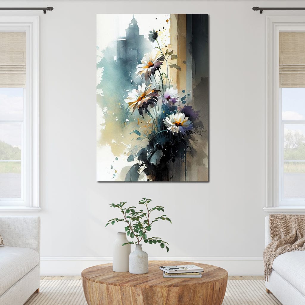 White & Teal Watercolor Flowers Canvas Wall Art