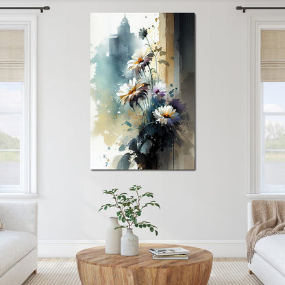 White & Teal Watercolor Flowers Canvas Wall Art