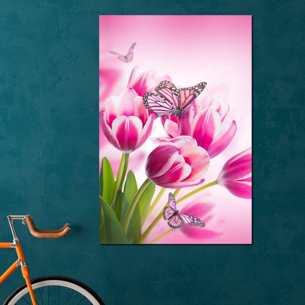 Bouquet of Pink Tulips & Butterflies Canvas Wall Art