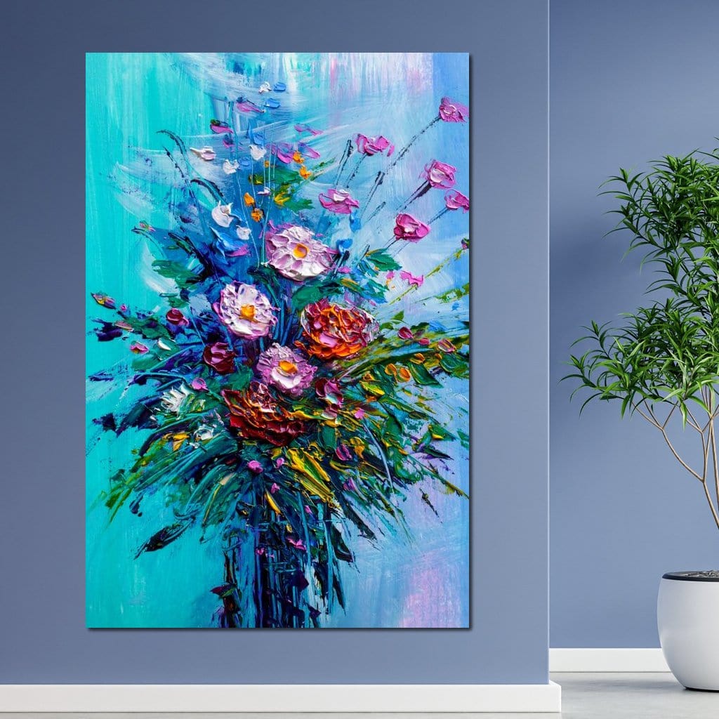 Bouquet of Flowers on Blue Background Canvas Wall Art