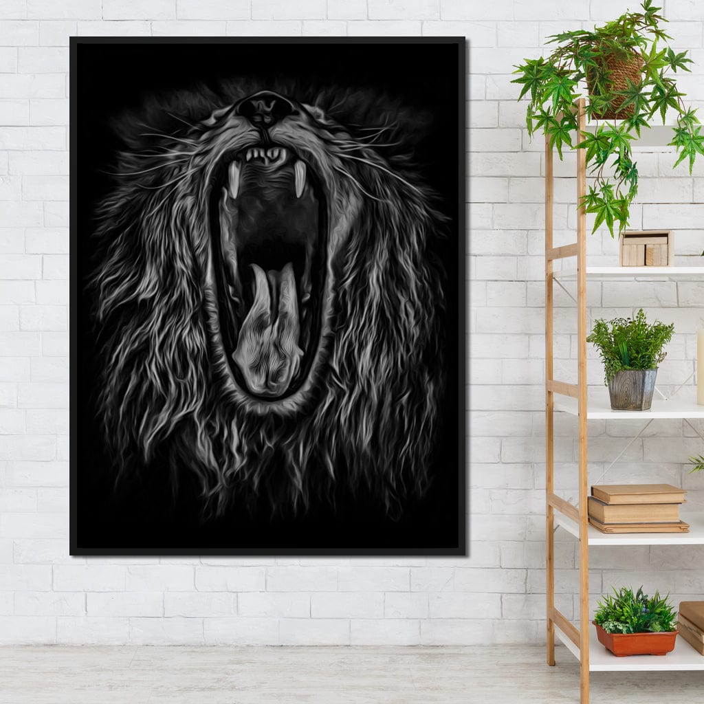 Black and White Roaring Lion Canvas Wall Art