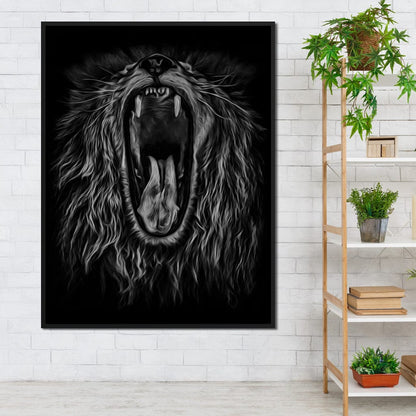 Black and White Roaring Lion Canvas Wall Art