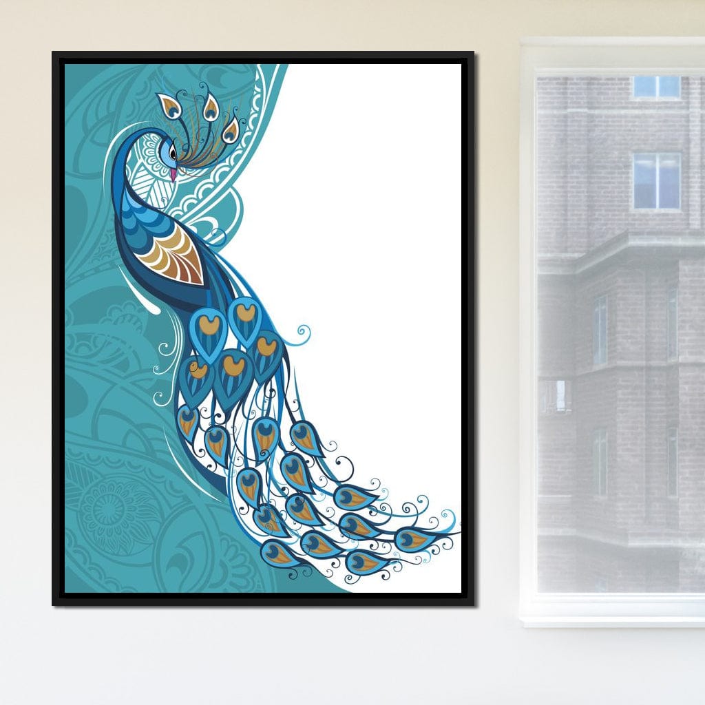 Peacock on Turquoise & White Background Canvas Wall Art